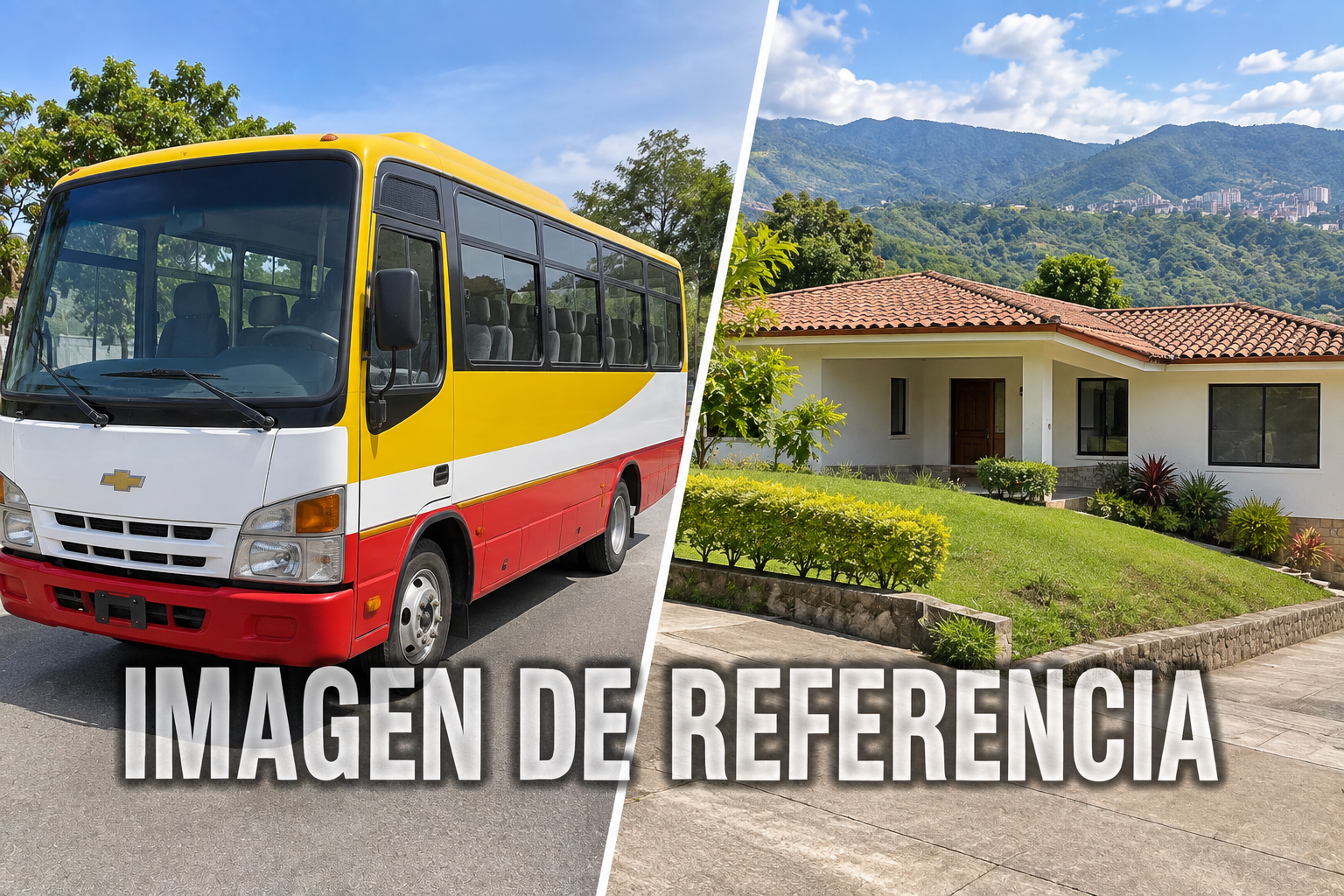 Imagen de referencia de microbús amarillo, rojo y blanco y vivienda en Ruitoque. Código80864.