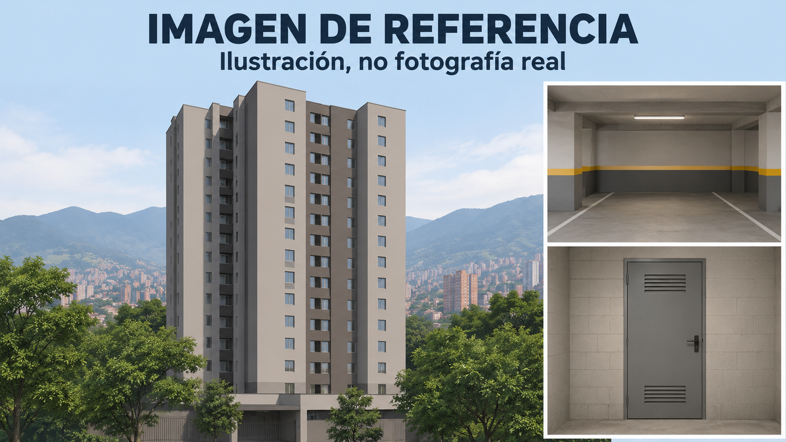 81024 — ilustración de referencia de apartamento, parqueadero y cuarto útil en Medellín; no fotografía real.