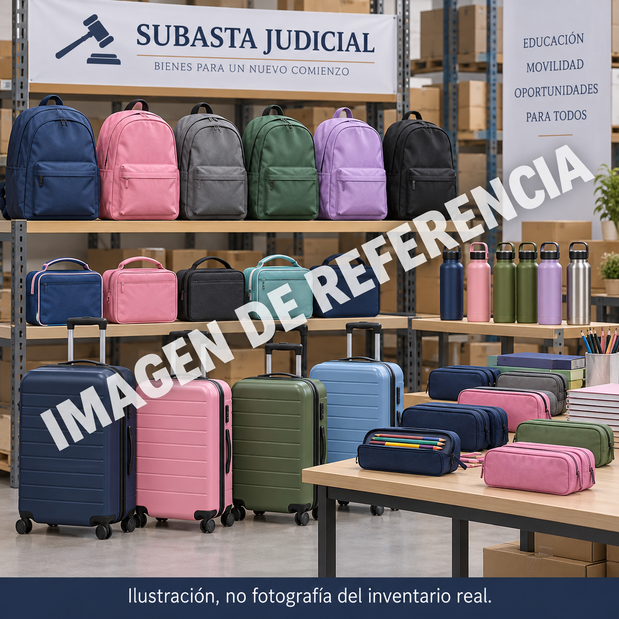 Ilustración de referencia de artículos escolares y de viaje; no es fotografía del inventario real del remate 81352.
