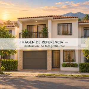Ilustración de referencia de casa urbana de dos pisos con garaje, rejas y balcón; no es fotografía real del inmueble.