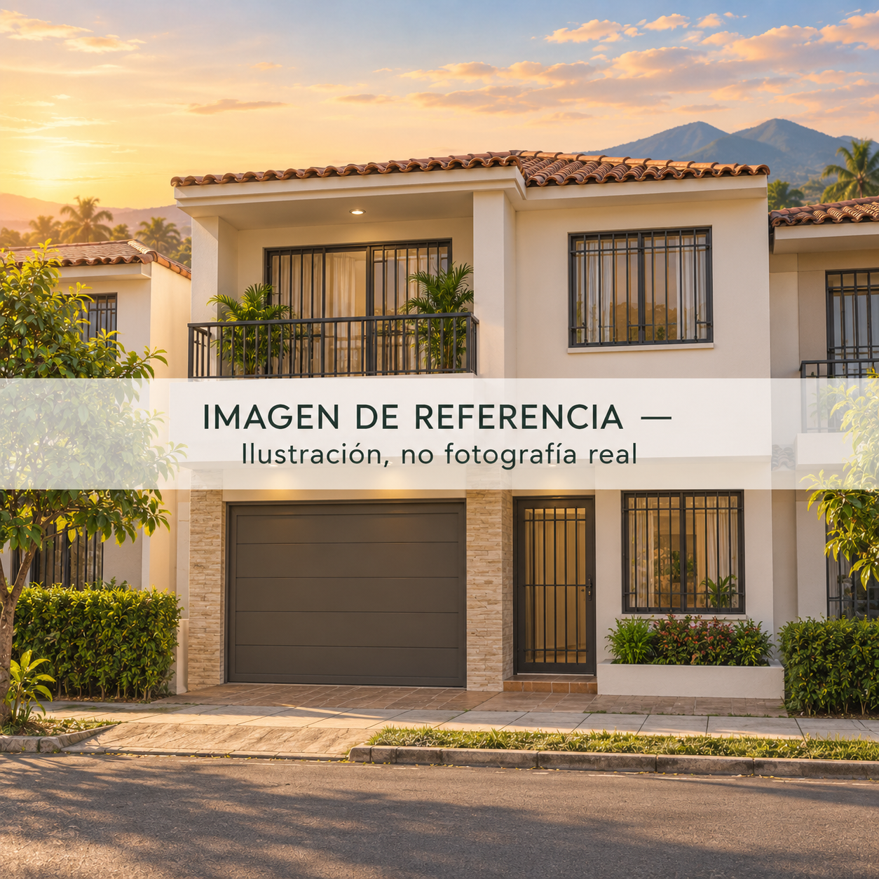Ilustración de referencia de casa urbana de dos pisos con garaje, rejas y balcón; no es fotografía real del inmueble.