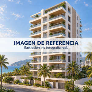 Ilustración de referencia de un edificio de apartahotel junto al Caribe; no es fotografía del apartamento 814 ni del bien rematado.